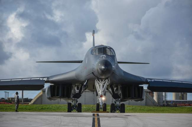 In this image obtained from the US Department of Defense, a US Air Force B-1B Lancer assigned to the 37th Expeditionary Bomb Squadron, prepares to take off from Andersen Air Force Base, Guam, for a 10-hour mission. (AFP-Yonhap)