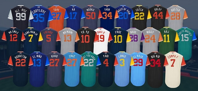 A screencap from a recent MLB announcement showing a selection of the custom jerseys that will be worn by several of the MLB's star players during Players Weekend.