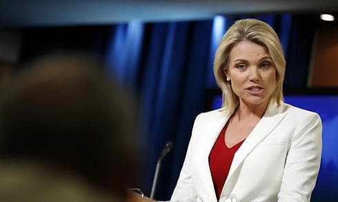 This AP file photo shows State Department spokeswoman Heather Nauert speaking during a press briefing at the department in Washington on Aug. 9, 2017. (Yonhap)