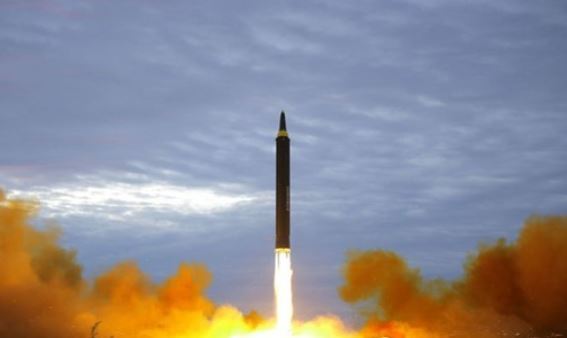 This photo released by North Korea`s state news agency on Aug. 30, 2017, shows North Korea`s firing of a Hwasong-12 intermediate-range ballistic missile, which flew over Japan a day earlier. (Yonhap)