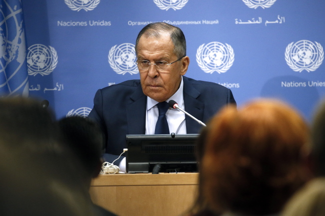 Russia's Foreign Minister Sergei Lavrov gives a press conference during the 72nd session of UN General Assembly at the United Nations Headquarters. Yonhap