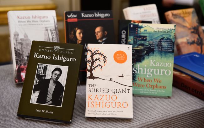 Books of British writer Kazuo Ishiguro are on display at the Swedish Academy in Stockholm, Sweden, where Ishiguro was announced as winner of the 2017 Nobel Prize in Literature on Thursday. (AFP-Yonhap)