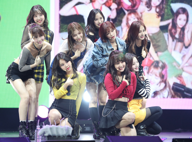 Twice performs during a media showcase for its first full-length album “Twicetagram,” in Seoul on Monday. (Yonhap)