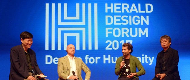 From left: Kim Daniel, head of Daylight, hosts a Design Talk session with Claudio Francesco Bellini, Jaime Hayon and Naoto Fukasawa, held as part of the Herald Design Forum 2017 at The Shilla Seoul on Tuesday. (Park Hae-mook/The Korea Herald)