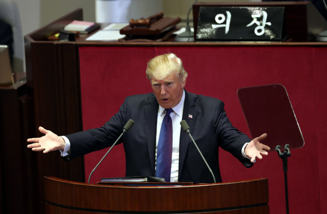 US President Donald Trump at South Korea`s National Assembly (Yonhap)