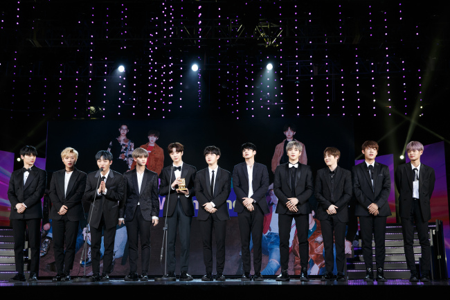 Wanna One receives the Best of Next award at the 2017 Mnet Asian Music Awards at Hoa Binh Theater in Ho Chi Minh City, Vietnam, Saturday. (CJ E&M)