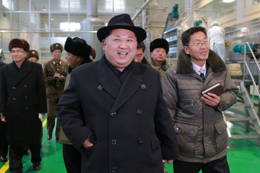 In this photo provided on Wednesday by the North’s Korean Central News Agency, its leader Kim Jong-un inspects a potato farina factory located in Samjiyon, Ryanggang Province. (Yonhap)