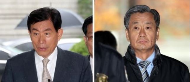 This photo filed Dec. 5, 2017, shows former spy chief Won Sei-hoon (L) and Lee Chong-myeong, one of his deputy directors at the National Intelligence Service (NIS). (Yonhap)