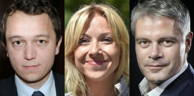 This combination of file pictures created on Oct. 26 shows the three official candidates for the presidency of France’s right-wing Les Republicains party in alphabetical order from left: Mael de Calan, Florence Portelli and Laurent Wauquiez. (AFP-Yonhap)