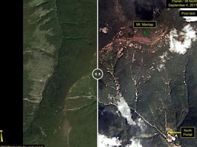 Satellite images show the Punggye-ri nuclear test site before and after North Korea`s sixth nuclear test. (38 North-Yonhap)