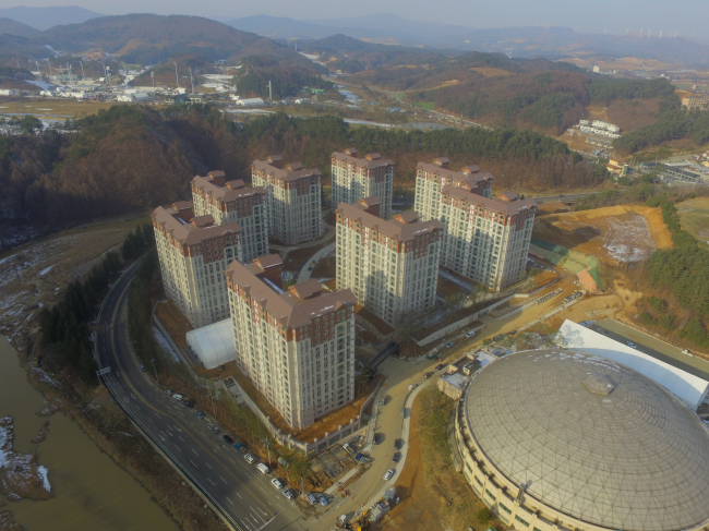An aerial view of PyeongChang Olympic Village of Alpensia Cross-Country Center. (Yonhap)