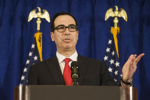 In this Sept. 21, 2017, file photo, Treasury Secretary Steve Mnuchin speaks at a news briefing at the Hilton Midtown hotel during the United Nations General Assembly, in New York. (AP-Yonhap)