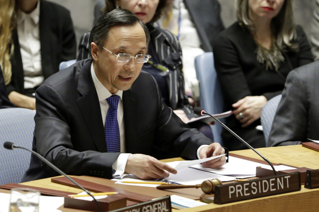 Foreign Minister of Kazakhstan Kairat Abdrakhmanov speaks in the United Nations Security Council, Friday, Jan. 19, 2018. (AP/Yonhap)