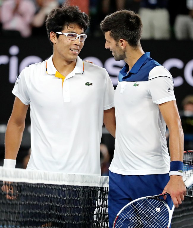 Chung Hyeon (L) of South Korea and Novak Djokovic (R) of Serbia greet each other after their fourth round match at the Australian Open Grand Slam tennis tournament in Melbourne, Australia, 22 January 2018. EPA