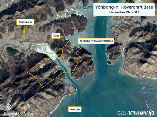 Satellite imagery shows construction work underway for a hovercraft base at Yonbong-ri, South Hwanghae Province, North Korea. The image was captured last year and revealed Monday by Beyond Parallel, a project run by the US-based Center for Strategic and International Studies.Yonhap