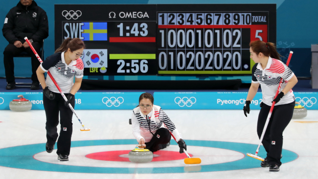 South Korea’s Olympics women’s curling team beat Sweden 7-6 in the round robin match held at the Gangneung Curling Centre on Monday. The Korean team now has a track record of five wins and one loss. (Yonhap)