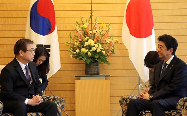 South Korean NIS chief Suh Hoon, left, and Japanese Prime Minister Shinzo Abe (Yonhap)