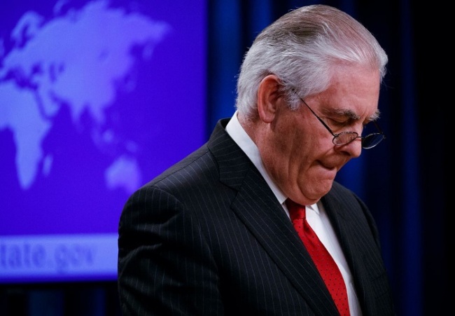 Outgoing US Secretary of State Rex Tillerson delivers farewell remarks in Washington on Tuesday. (EPA-Yonhap)