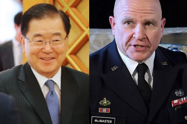 South Korean National Security chief Chung Eui-yong, left, and US counterpart H.R. McMaster (Yonhap-AP)