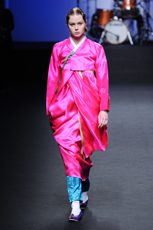 Designer Kim Hye-soon’s hanbok-inspired pieces in bright colors (Seoul Design Foundation)