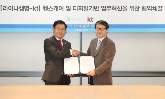 Benjamin Hong, CEO of Lina Life Insurance (left), poses with Koo Hyun-mo, president of KT's corporate planning group after signing a MOU on artificial intelligence cooperation at Lina's head office in central Seoul on Monday. (KT)