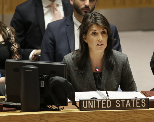 United States Ambassador to the United Nations Nikki Haley speaks during a Security Council meeting at UN headquarters, Wednesday, March 28, 2018 (AP)
