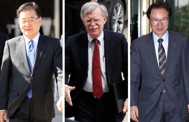 South Korea’s national security adviser Chung Eui-yong (left) and his US counterpart John Bolton(center) and Japense counterpart Shotaro Yachi. Yonhap