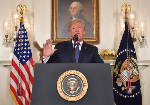 US President Donald Trump addresses the nation on the situation in Syria April 13, 2018 at the White House in Washington, DC. Trump said strikes on Syria are under way. (AFP)