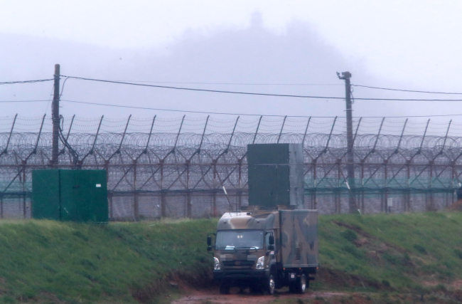 A mobile loudspeaker system for cross-border propaganda stands halted at the border area in Paju, Gyeonggi Province, on April 23. (Yonhap)