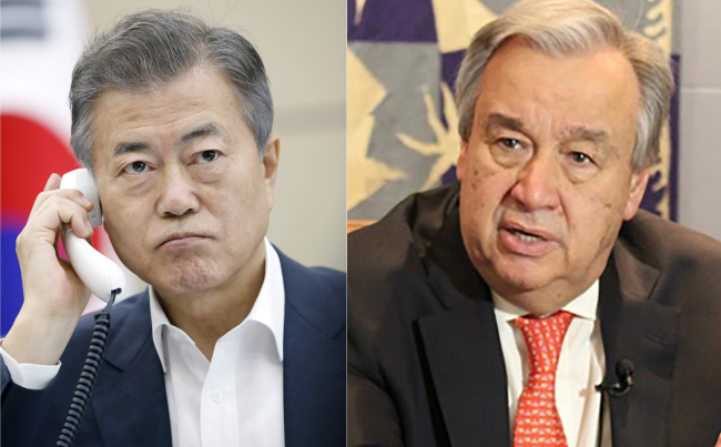 President Moon Jae-in (left) and UN Secretary-General Antonio Guterres (Cheong Wa Dae, Yonhap file photo)