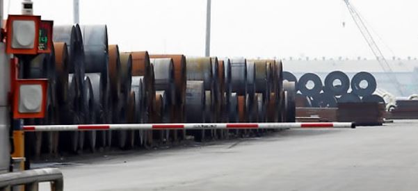 This file photo shows steel products waiting shipment in South Korea. (Yonhap)