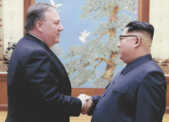 Pompeo meets Kim Jong-un during his trip to North Korea in April. (Yonhap)