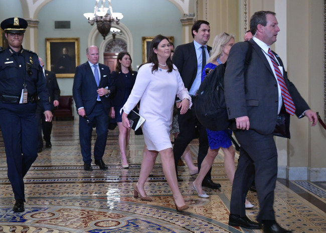 White House spokeswoman Sarah Sanders arrives for a Senate Republican policy lunch at the US Capitol in Washington, DC on May 15, 2018. (AFP-Yonhap)