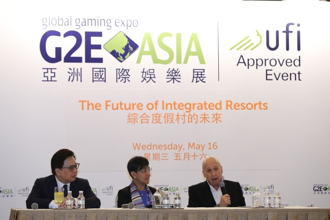 From left: Wilfred Wong, Maria Helena de Senna Fernandes and Allan Zeman speak during a conference for Global Gaming Expo Asia at the Venetian Macau on Wednesday. (G2E Asia)