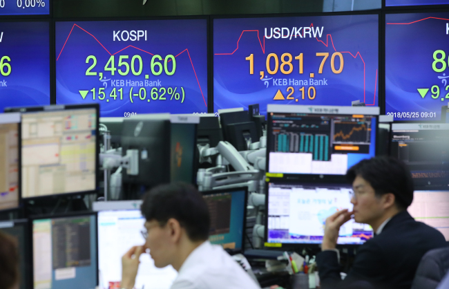 Computer screens at KEB Hana Bank‘s dealing room in central Seoul shows stock indexes and won-dollar currency rate on Friday morning, hours after US President Donald Trump called off a summit with North Korean leader Kim Jong-un. (Yonhap)