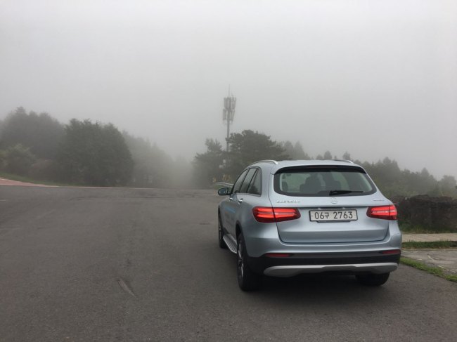 Mercedes Benz‘s new GLC 350 e 4MATIC, the first vehicle launched under the EQ brand, is parked at an observatory space near Jeju 1100 Altitude Wetland around Hallasan, during a test drive session in the resort island. (Cho Chung-un/The Korea Herald)
