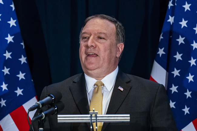 US Secretary of State Mike Pompeo speaks during a press briefing Monday in Singapore one day before President Donald Trump will meet with North Korean leader Kim Jong-un. (EPA-Yonhap)