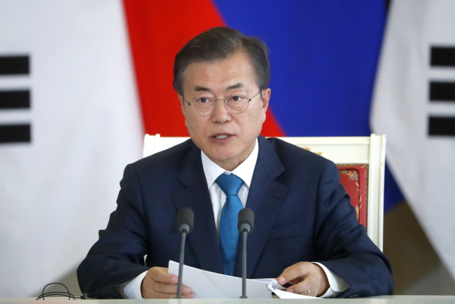 South Korea`s President Moon Jae-in at a news conference following talks with his Russian counterpart Vladimir Putin at the Moscow Kremlin on June 22. (TASS-Yonhap)