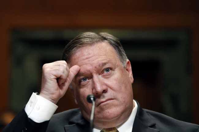 US Secretary of State Mike Pompeo listens while appearing before a Senate Appropriations subcommittee on the FY2019 budget, Wednesday, at Capitol Hill in Washington. (AP-Yonhap)