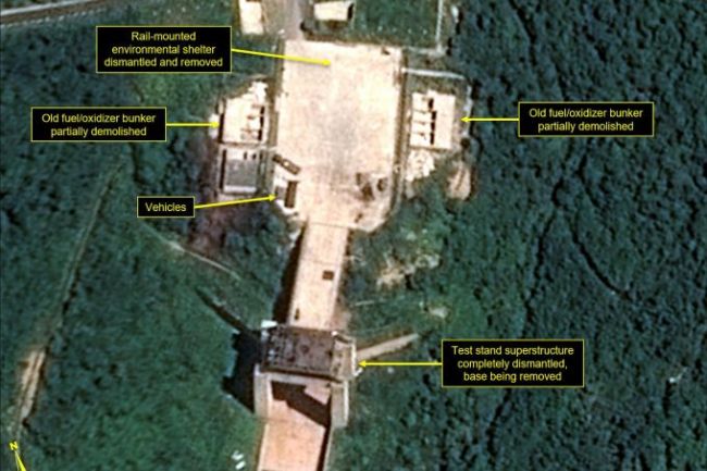 commercial satellite imagery of the Sohae satellite launching station indicates Pyongyang has begun taking down a processing building and a rocket-engine test stand that had been used to test liquid-fuel engines for ballistic missiles and space launch vehicles. (AFP)