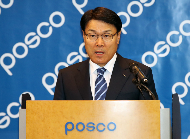 Newly elected ninth Chairman of Posco Choi Jeong-woo speaks during a press conference at Posco center in southern Seoul on Friday. (Yonhap)