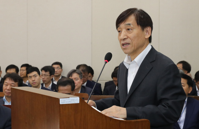 Bank of Korea Gov. Lee Ju-yeol speaks in a parliamentary committee session in late July. (Yonhap)