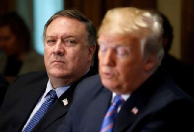 US secretary of state Mike Pompeo listens as US president Donald Trump speaks during a cabinet meeting at the White House in Washington, US on July 18. (Reuters)