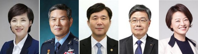 The combo photo shows new ministers who were nominated on Thursday. From left: Yoo Eun-hae, Jeong Kyeong-doo, Sung Yun-mo, Lee Jae-kap and Jin Sun-mee. (Cheong Wa Dae)