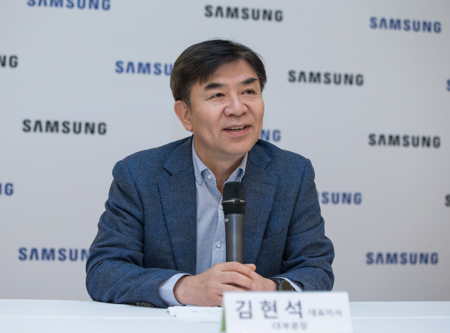 Kim Hyun-suk, president and CEO of consumer electronics at Samsung Electronics, speaks during a press conference in Berlin on Thursday. (Samsung Electronics)