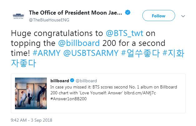 The Blue House commended BTS` recent Billboard feat on Twitter.