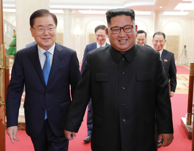 North Korean leader Kim Jong-un and Seoul`s National Security Office chief Chung Eui-yong walk together at their meeting in Pyongyang on Wednesday. (Cheong Wa Dae)
