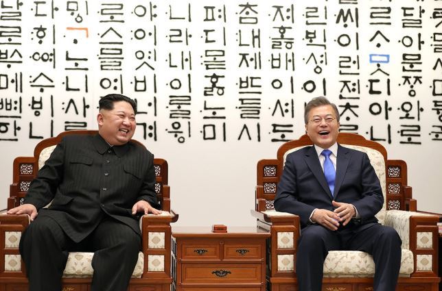 President Moon Jae-in and North Korean leader Kim Jong-un at their first summit meeting on April 27. Cheong Wa Dae