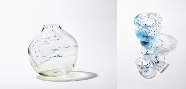 A flower vase (left) and tableware have been made by glass artist Yang Yoo-wan. A traditional porcelain glazing technique was used to color the pieces. (Yeol)