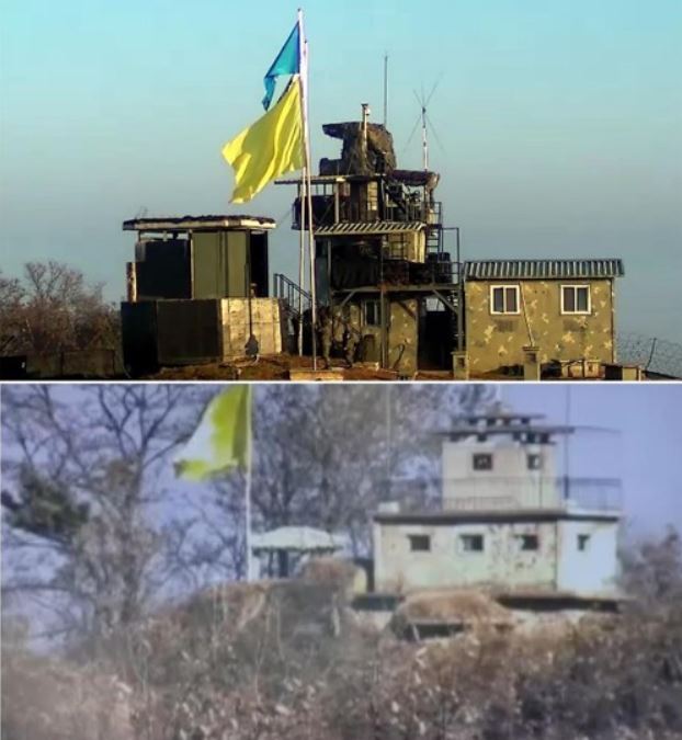 These photos provided by the defense ministry show yellow flags at guard posts on the South and North Korean sides of the border. (Yonhap)